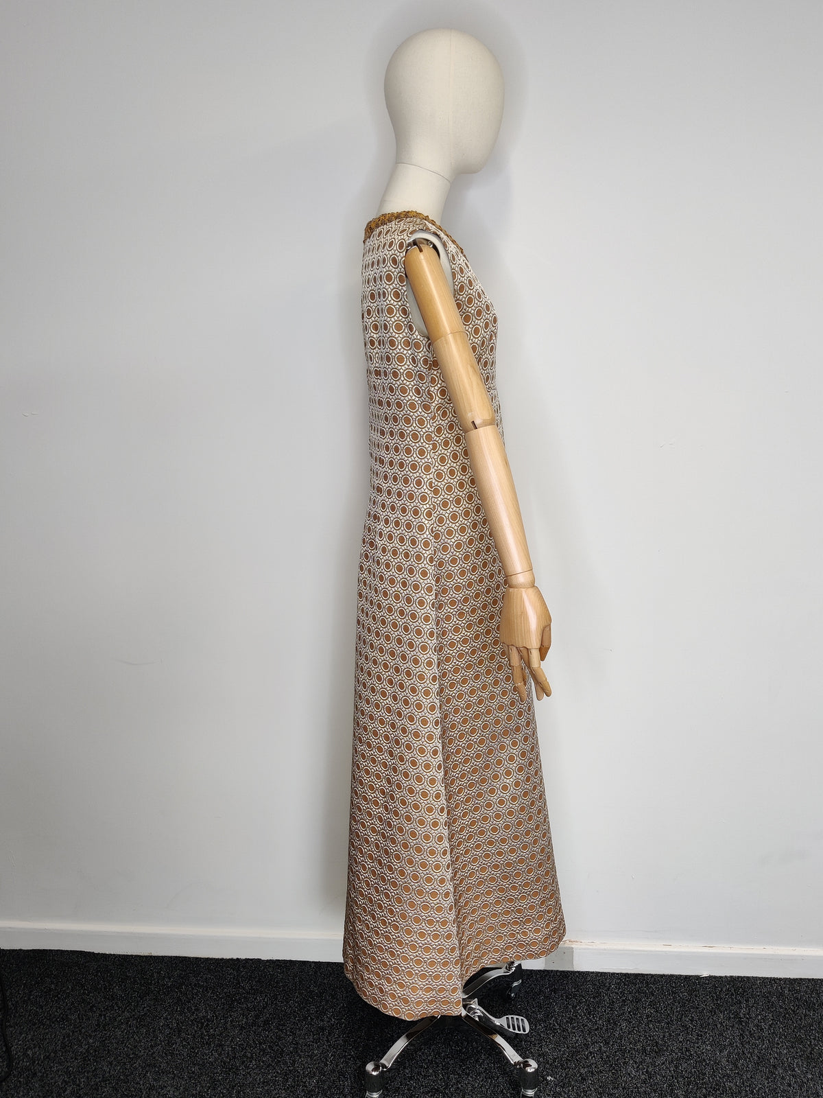 Vintage 1960s Metallic Brocade Maxi Dress with Sequinned Braid Neckline