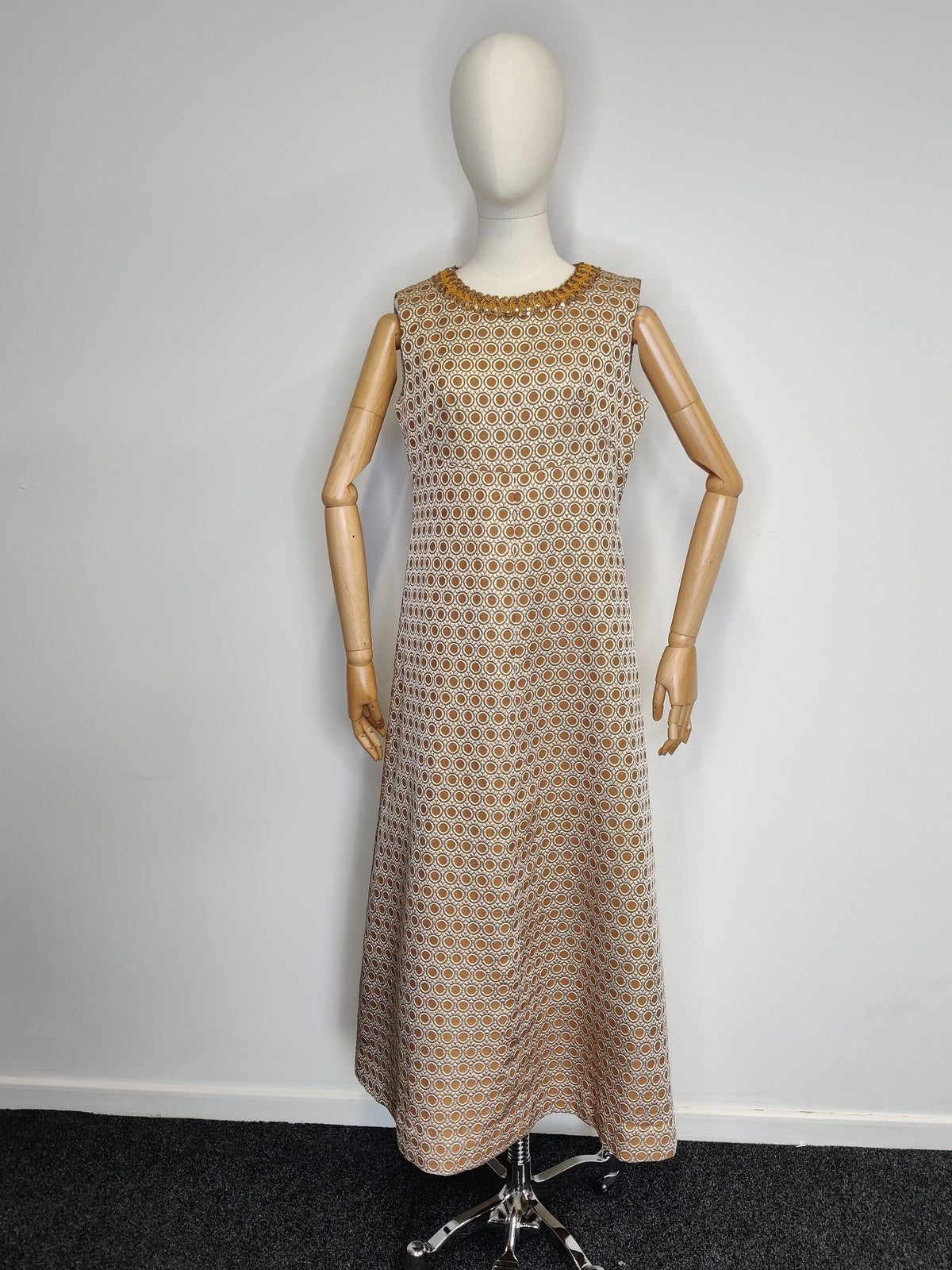 Vintage 1960s Metallic Brocade Maxi Dress with Sequinned Braid Neckline
