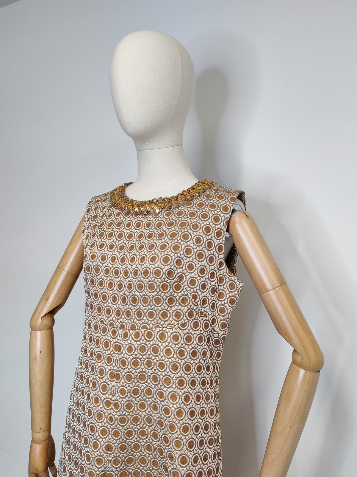 Vintage 1960s Metallic Brocade Maxi Dress with Sequinned Braid Neckline