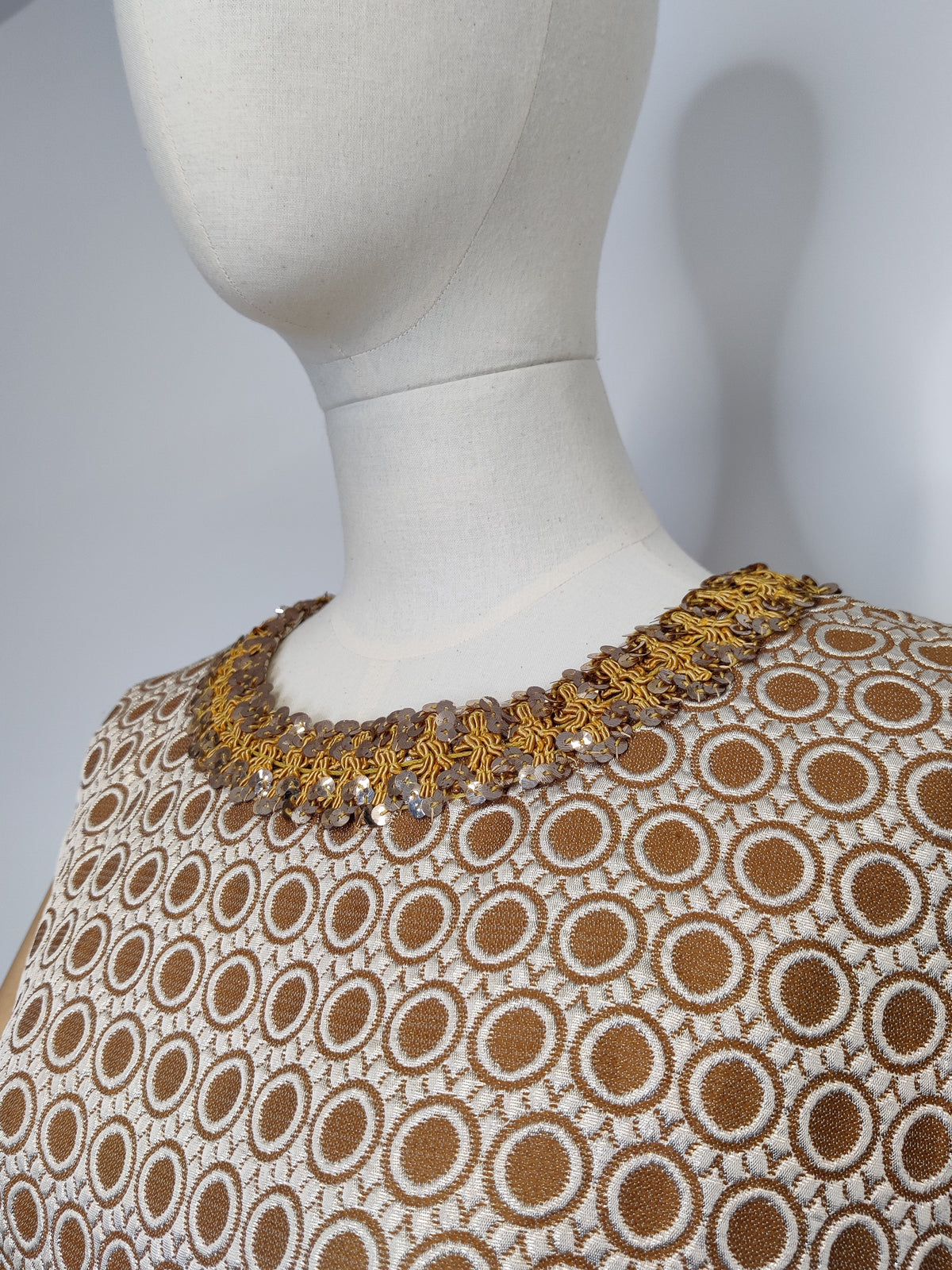 Vintage 1960s Metallic Brocade Maxi Dress with Sequinned Braid Neckline