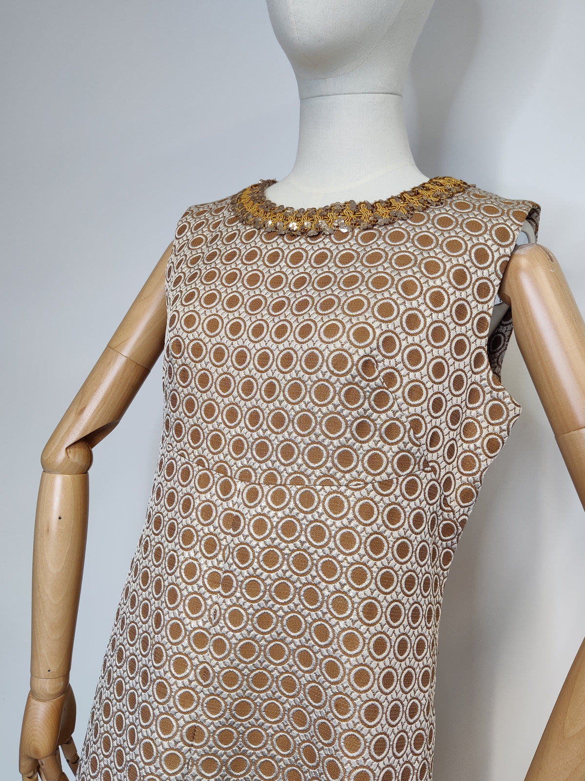 Vintage 1960s Metallic Brocade Maxi Dress with Sequinned Braid Neckline