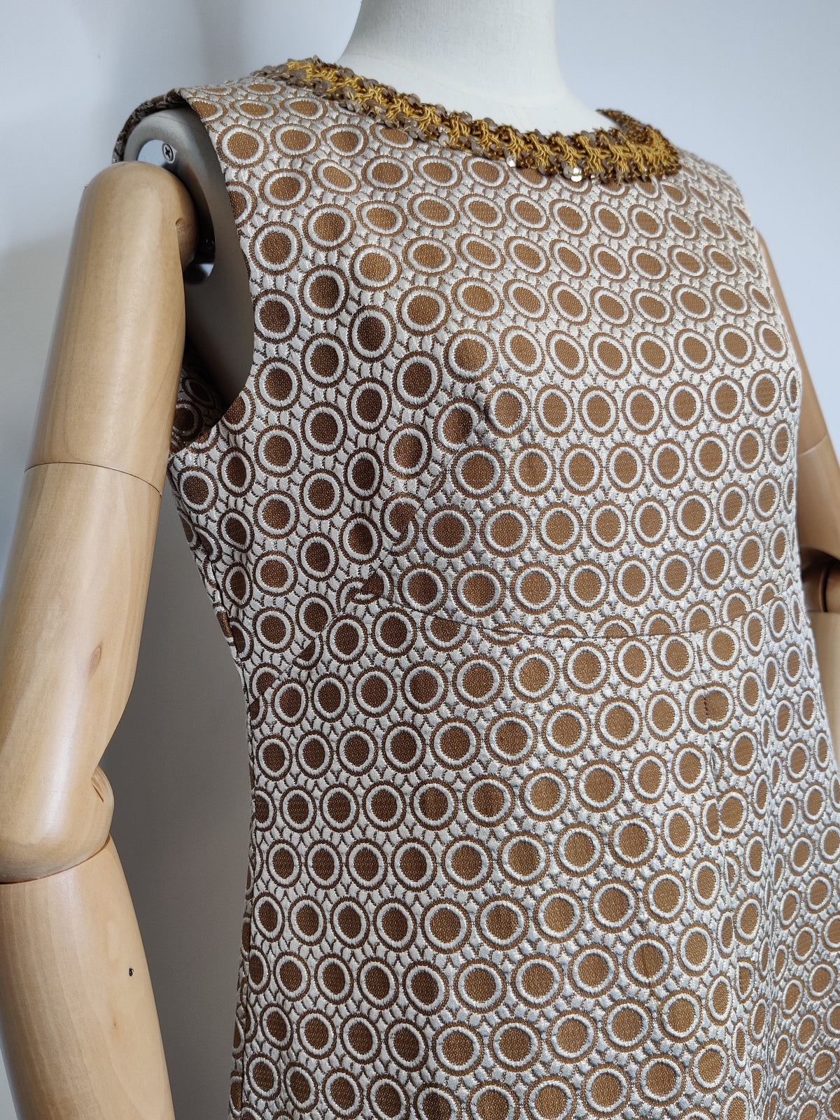 Vintage 1960s Metallic Brocade Maxi Dress with Sequinned Braid Neckline