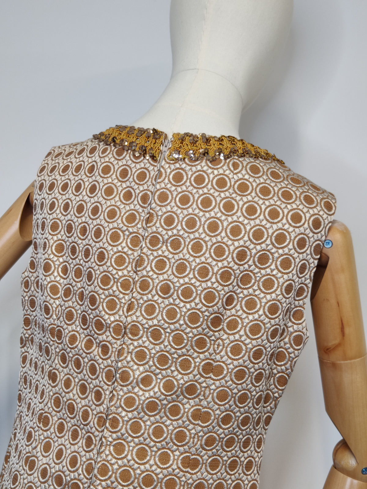 Vintage 1960s Metallic Brocade Maxi Dress with Sequinned Braid Neckline