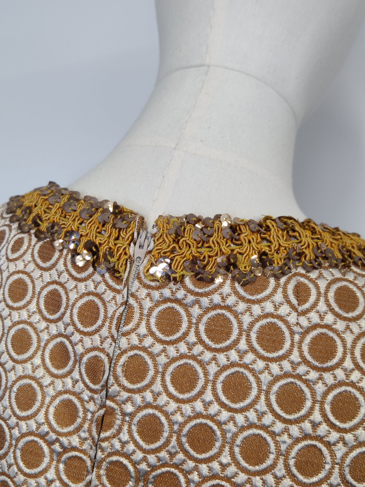 Vintage 1960s Metallic Brocade Maxi Dress with Sequinned Braid Neckline