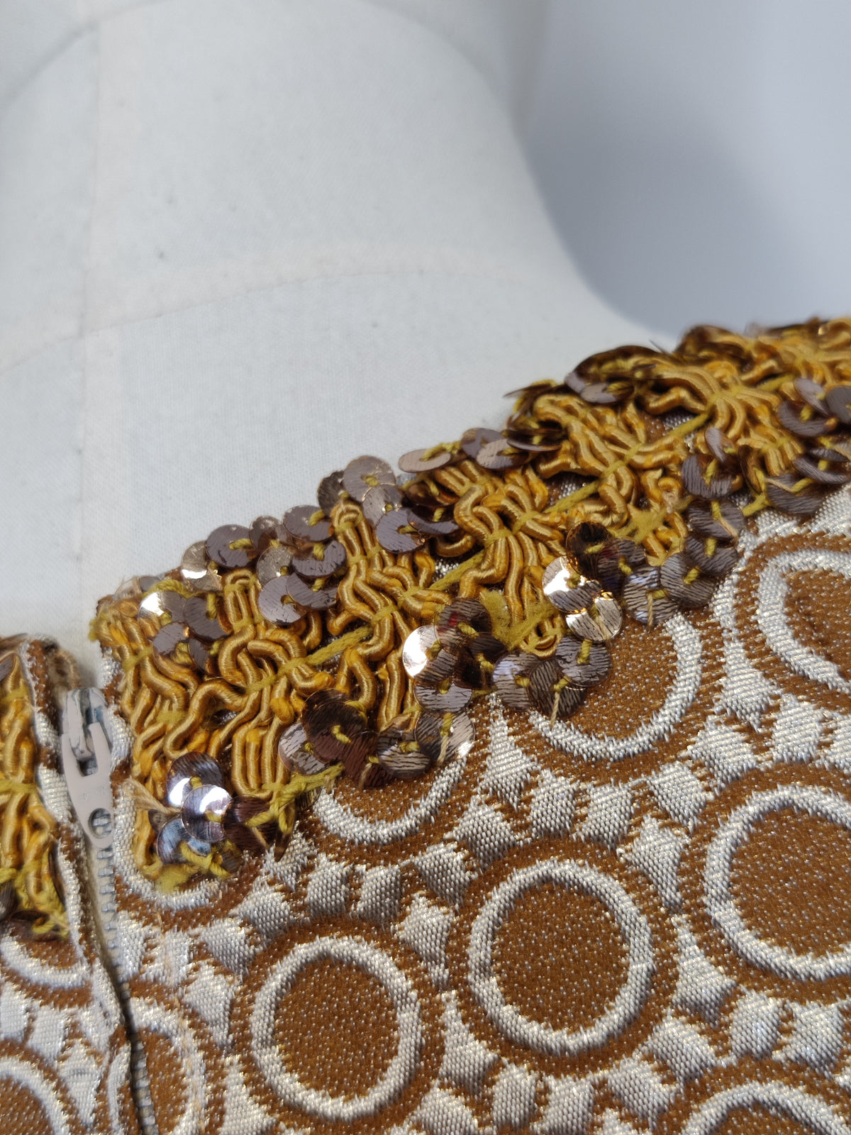 Vintage 1960s Metallic Brocade Maxi Dress with Sequinned Braid Neckline