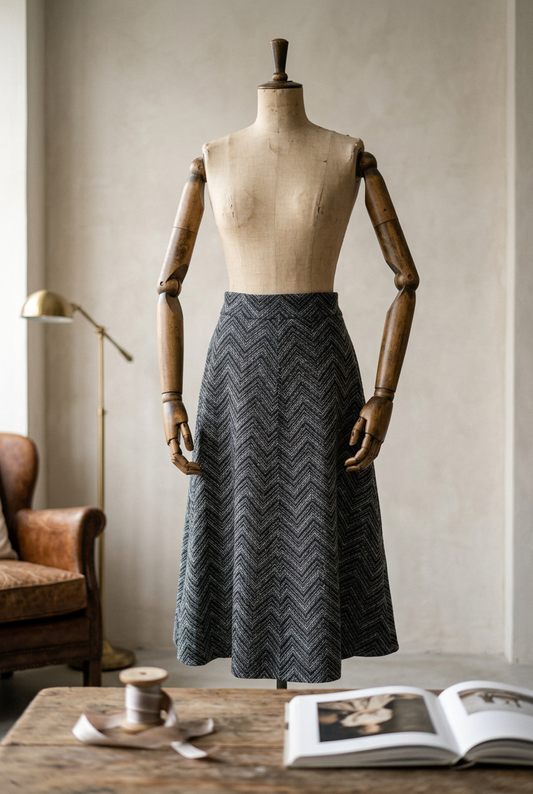 Vintage 1970s Silver & Black Chevron Striped Lurex Skirt