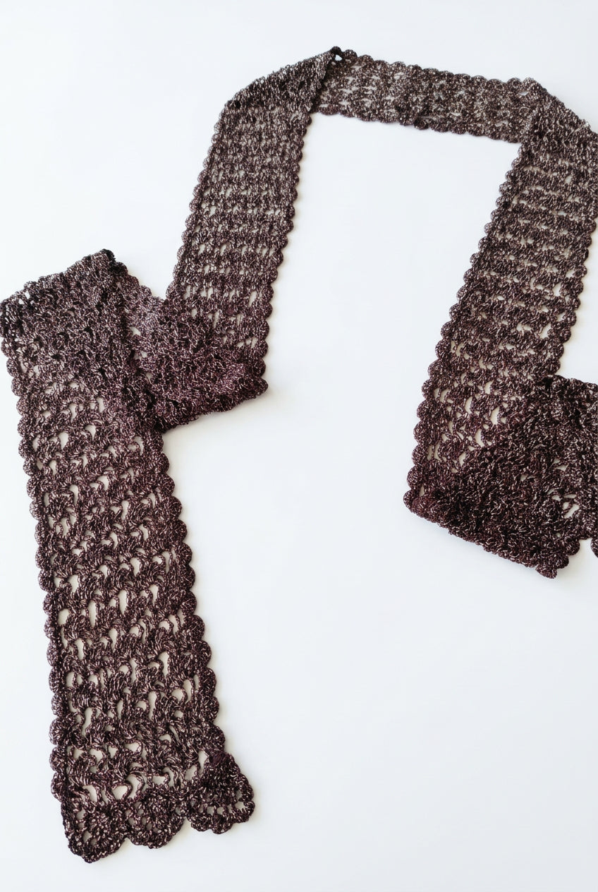 Vintage Metallic Crochet Lace Skinny Scarf – Espresso Brown Lurex