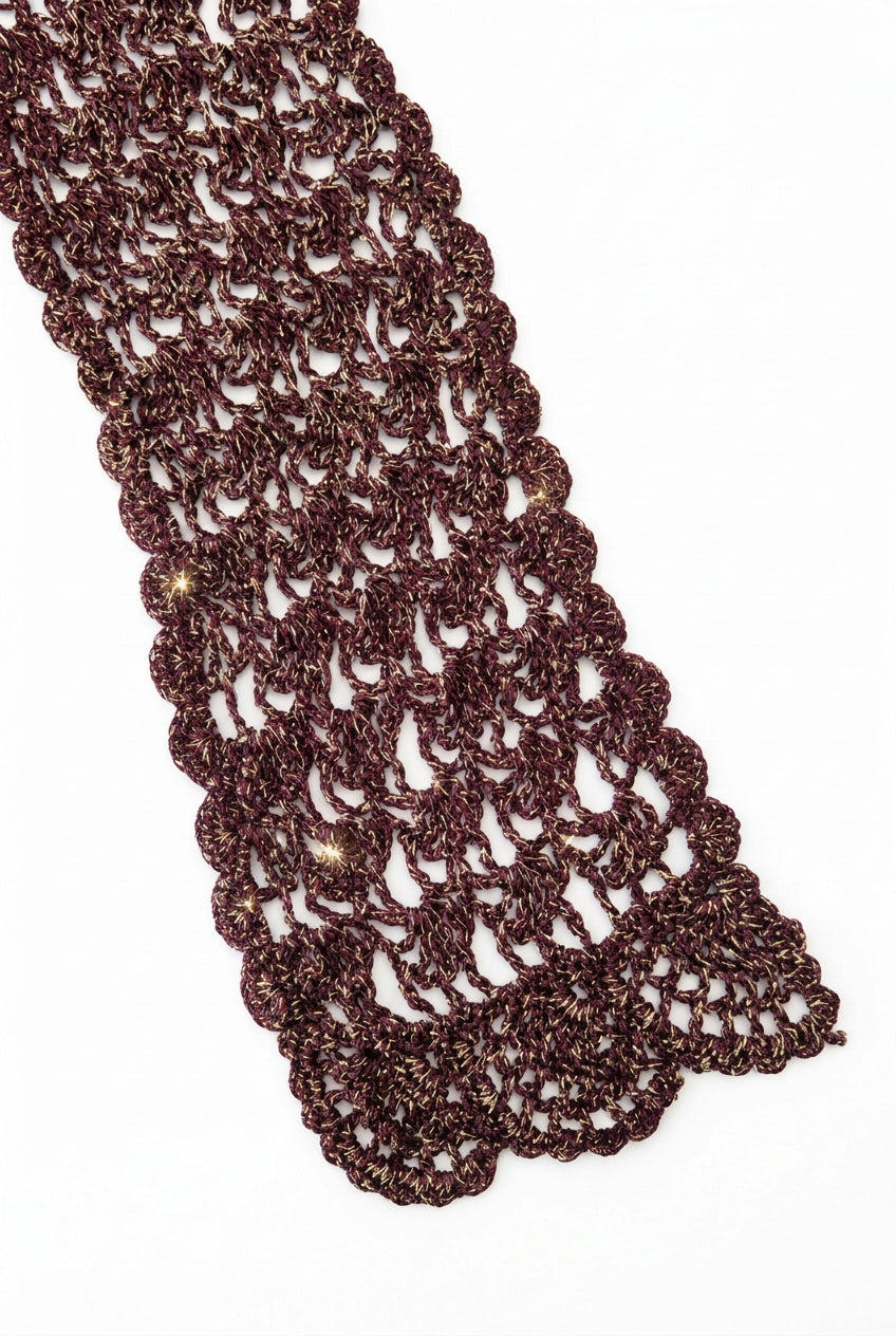Vintage Metallic Crochet Lace Skinny Scarf – Espresso Brown Lurex
