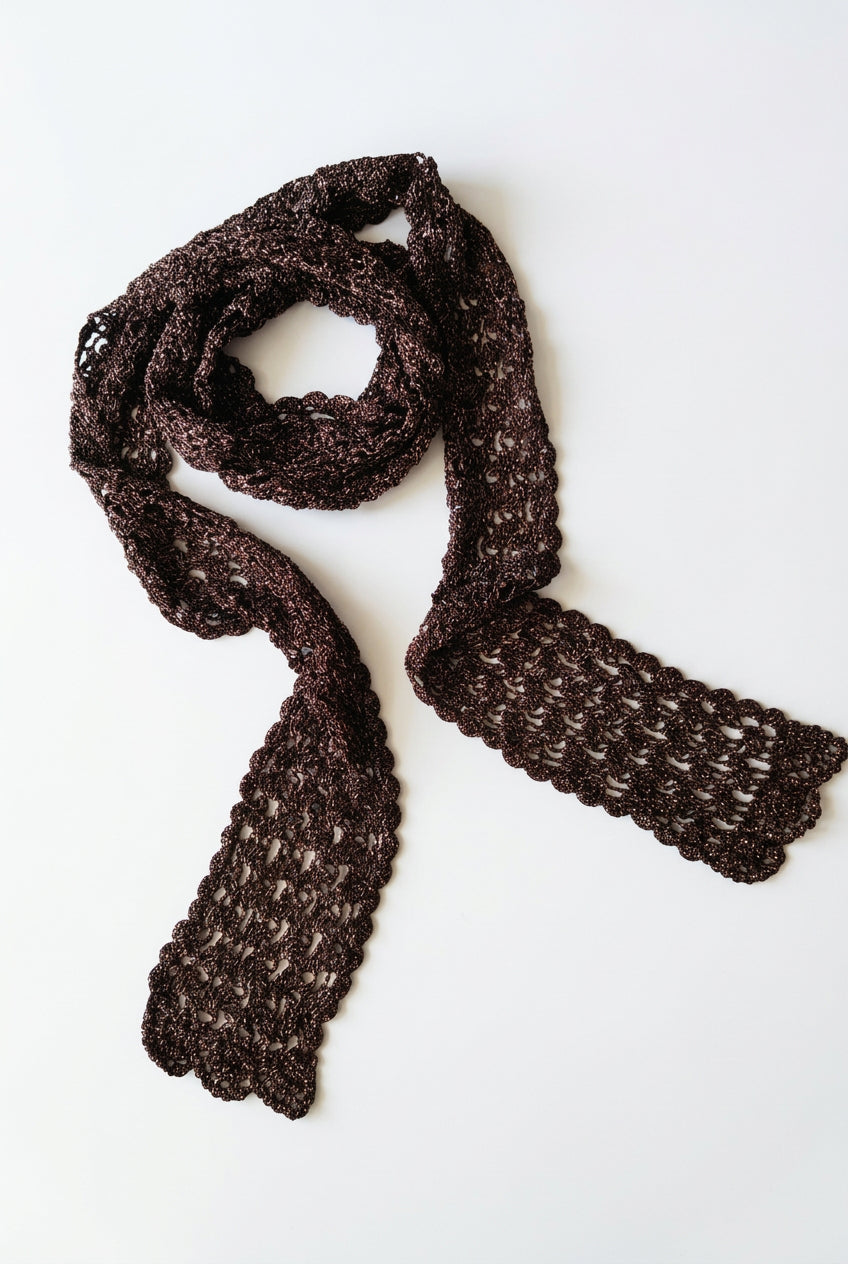 Vintage Metallic Crochet Lace Skinny Scarf – Espresso Brown Lurex
