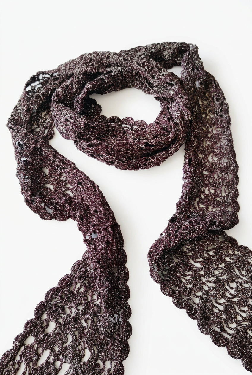 Vintage Metallic Crochet Lace Skinny Scarf – Espresso Brown Lurex