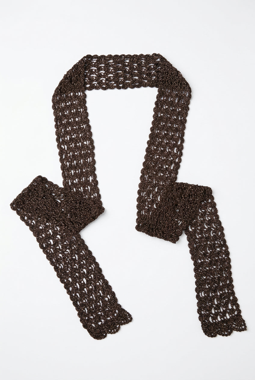 Vintage Metallic Crochet Lace Skinny Scarf – Espresso Brown Lurex