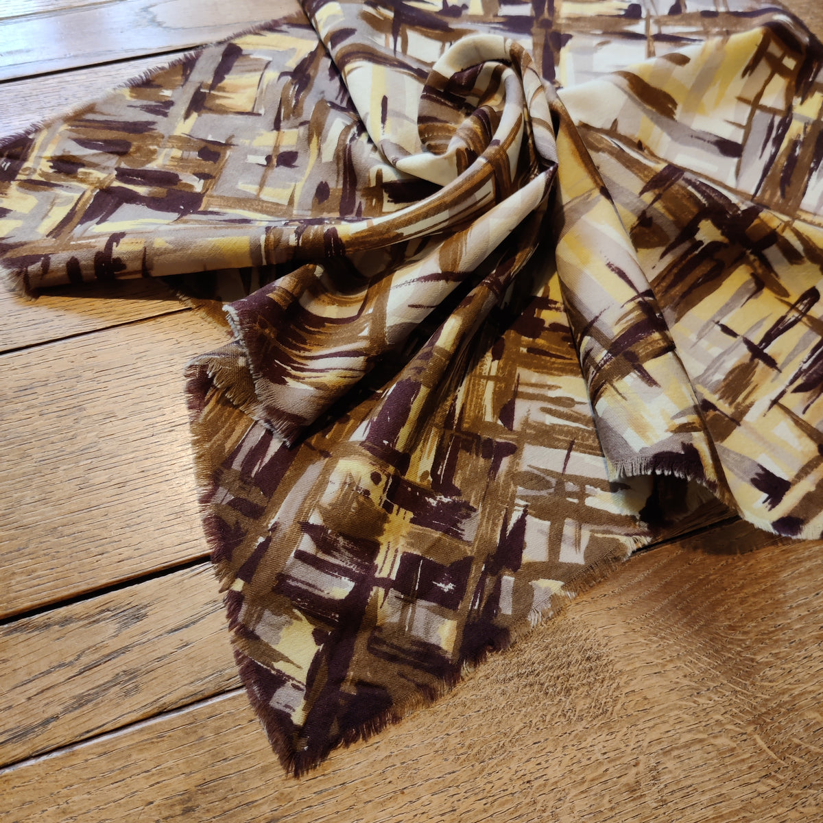 Vintage Modernist Abstract Crosshatch Fringe Square Scarf