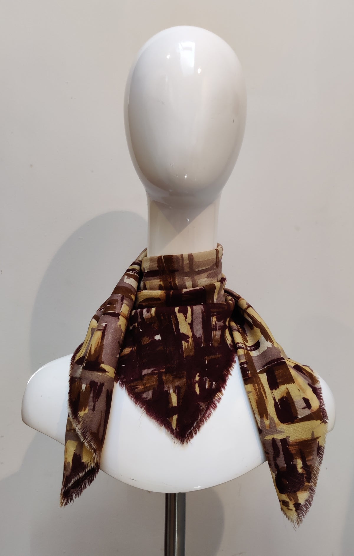 Vintage Modernist Abstract Crosshatch Fringe Square Scarf