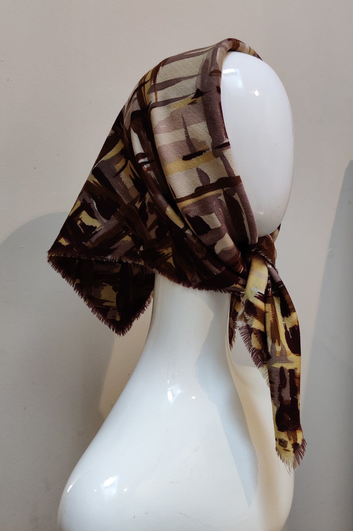 Vintage Modernist Abstract Crosshatch Fringe Square Scarf