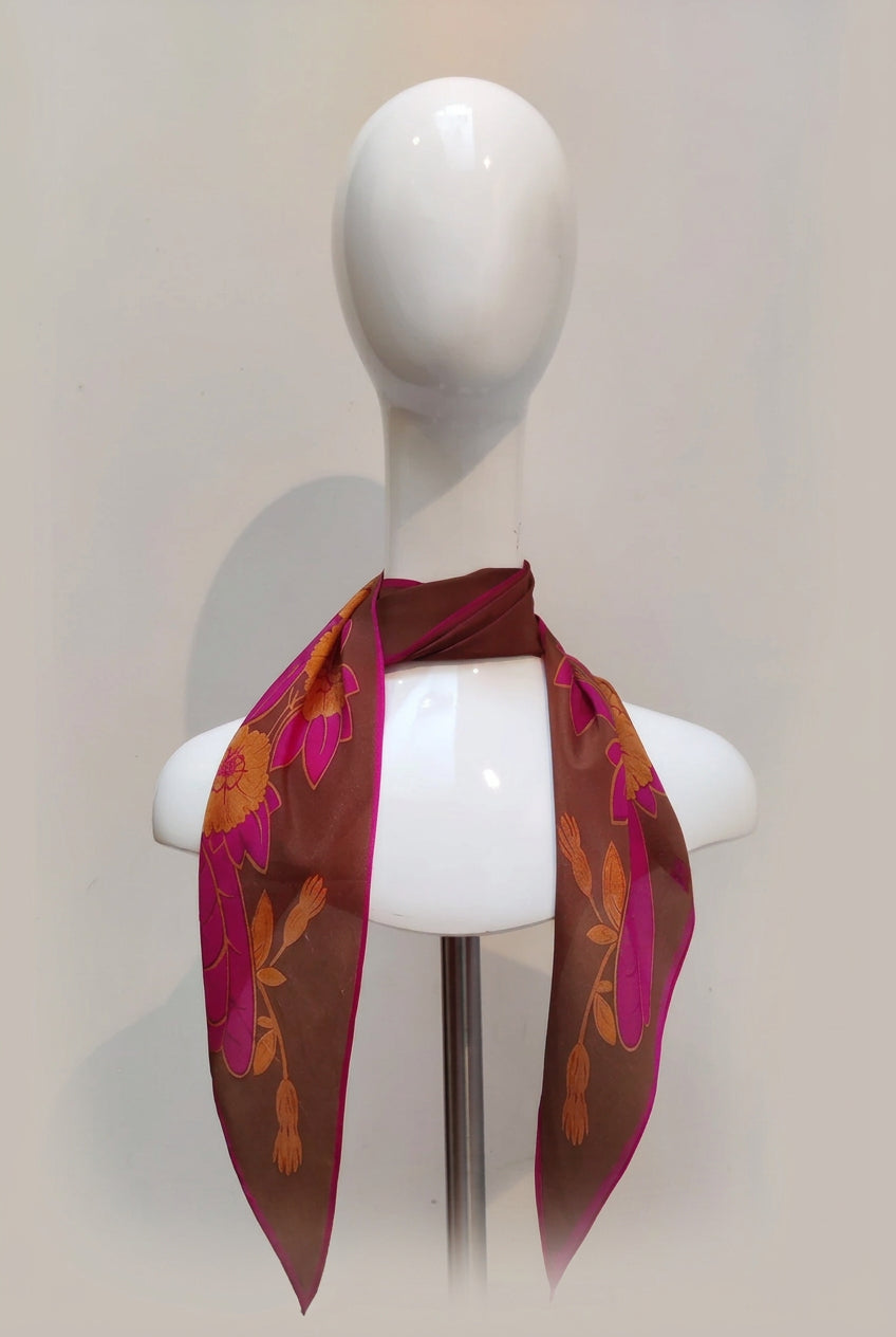 Vintage Late 1970s Anne Klein Silk Crepe Floral Scarf