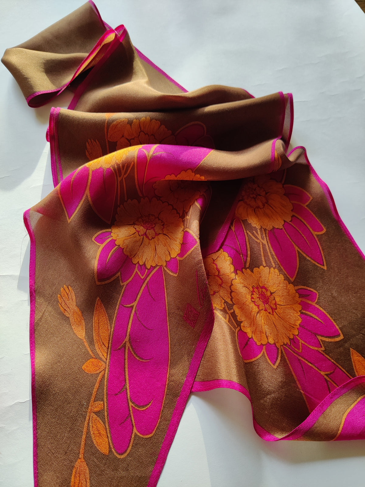 Vintage Late 1970s Anne Klein Silk Crepe Floral Scarf