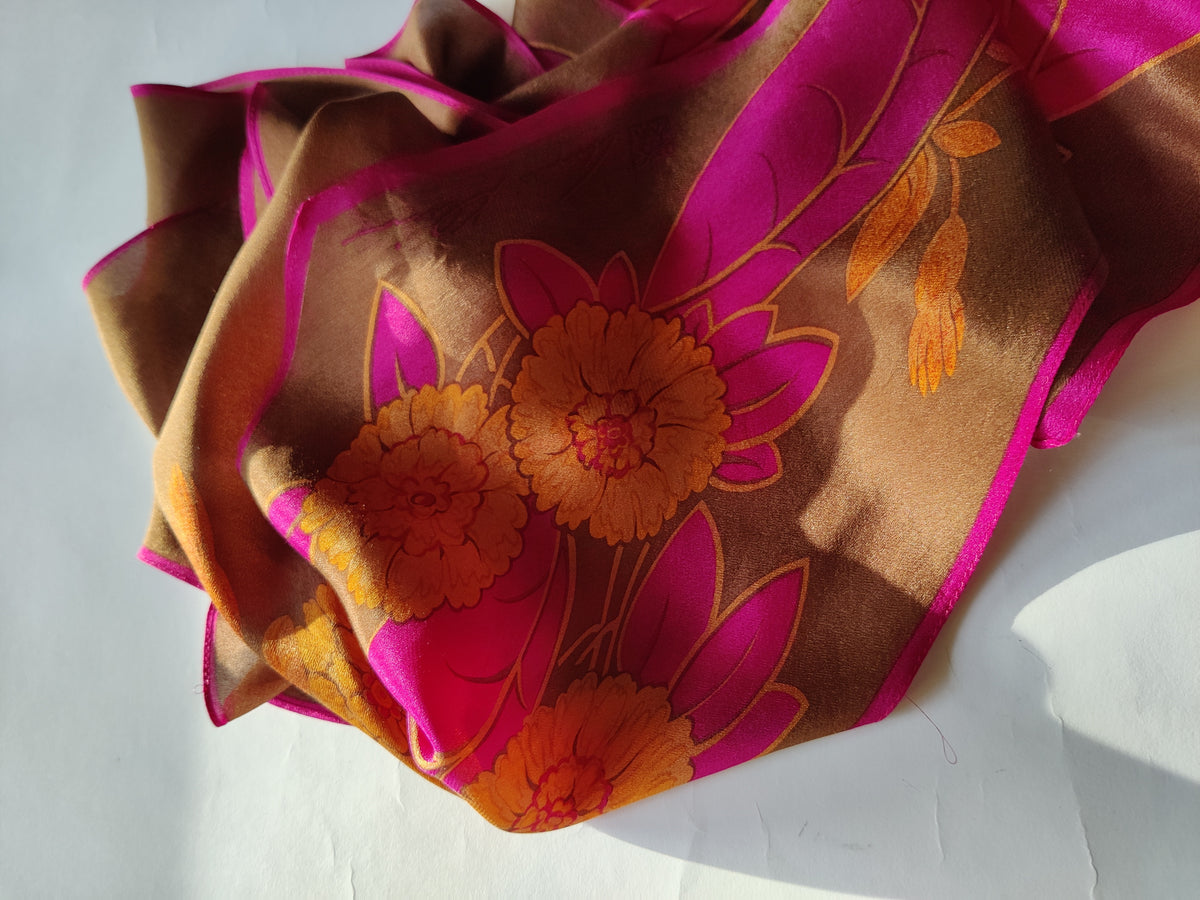 Vintage Late 1970s Anne Klein Silk Crepe Floral Scarf
