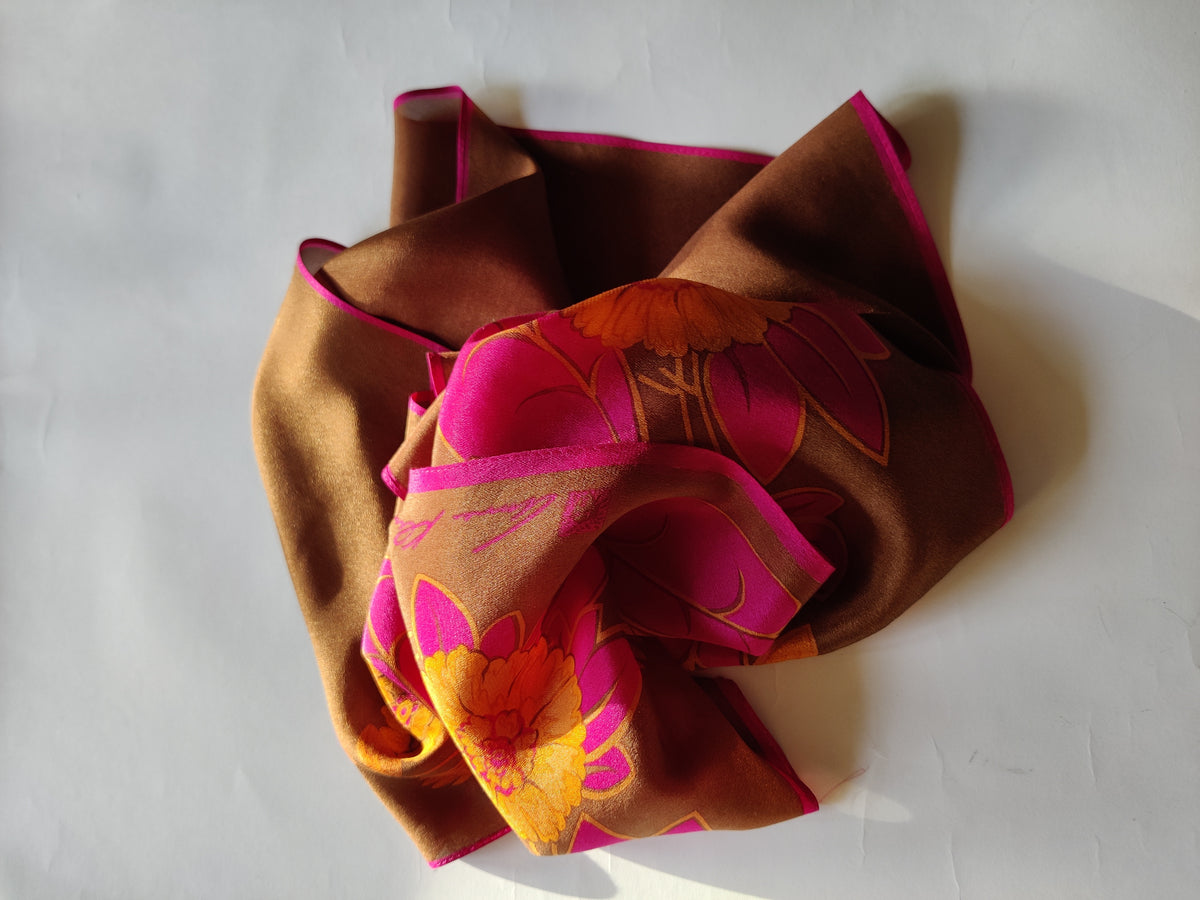 Vintage Late 1970s Anne Klein Silk Crepe Floral Scarf