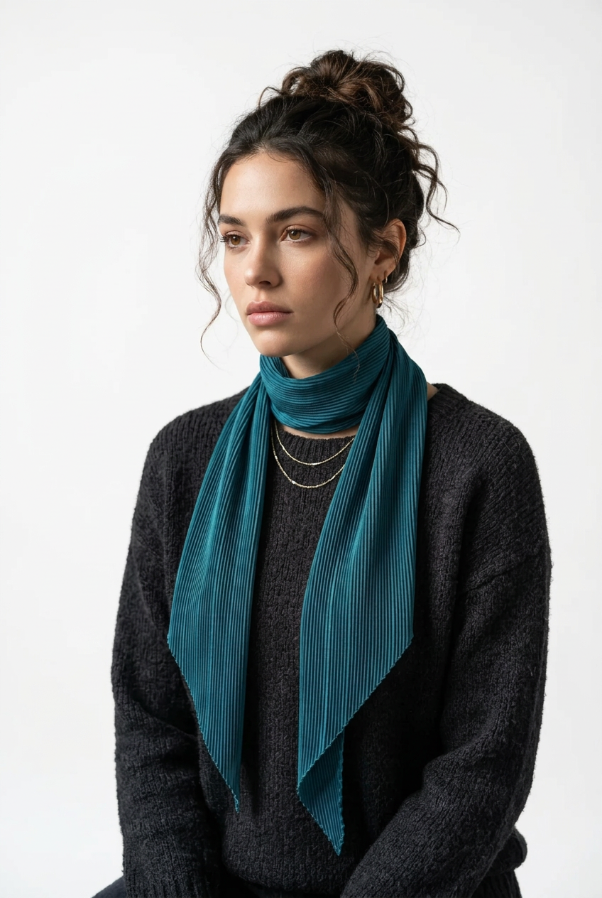 Vintage 1970s Teal Accordion Plissé Long Scarf