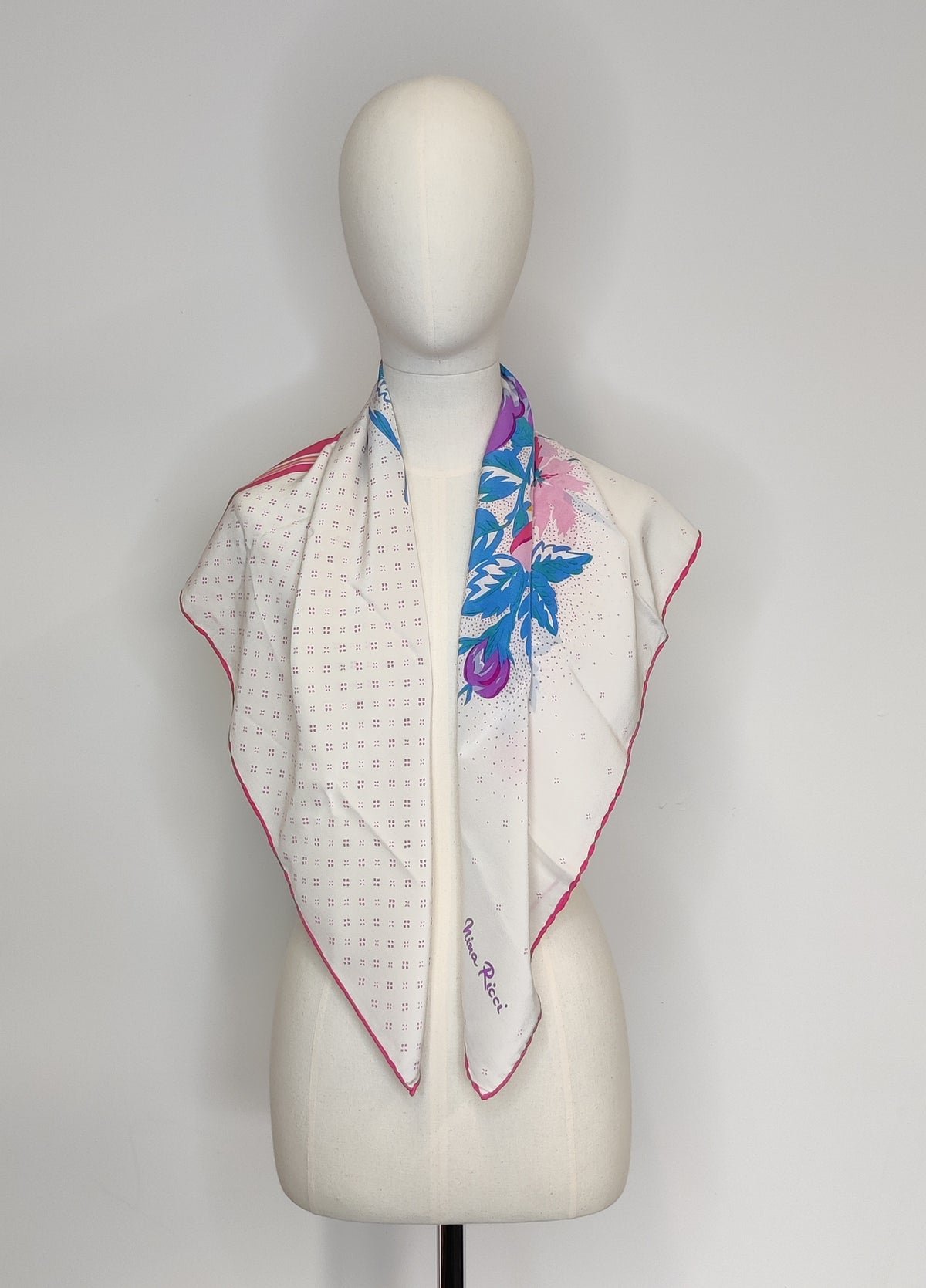 Vintage 1980s Nina Ricci Bold Floral Silk Crepe Carre Scarf