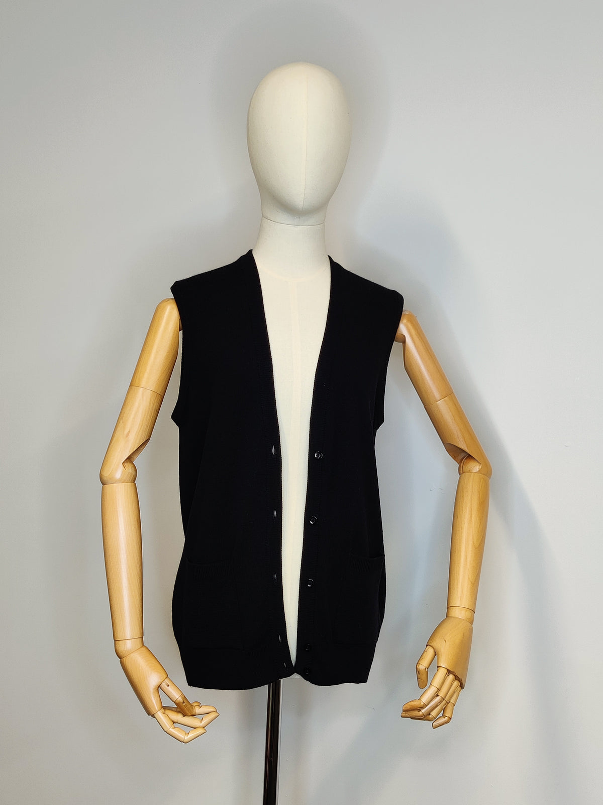 Vintage Black Pure Lambswool Classic Knitted Waistcoat