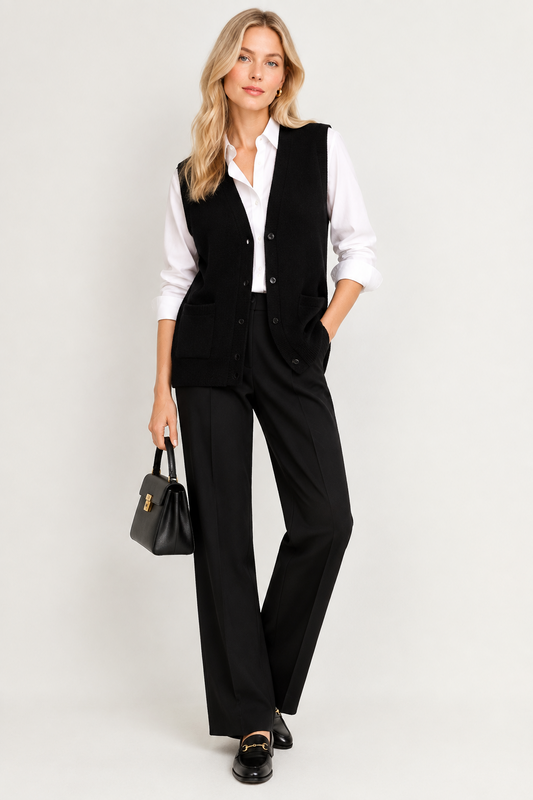 Vintage Black Pure Lambswool Classic Knitted Waistcoat