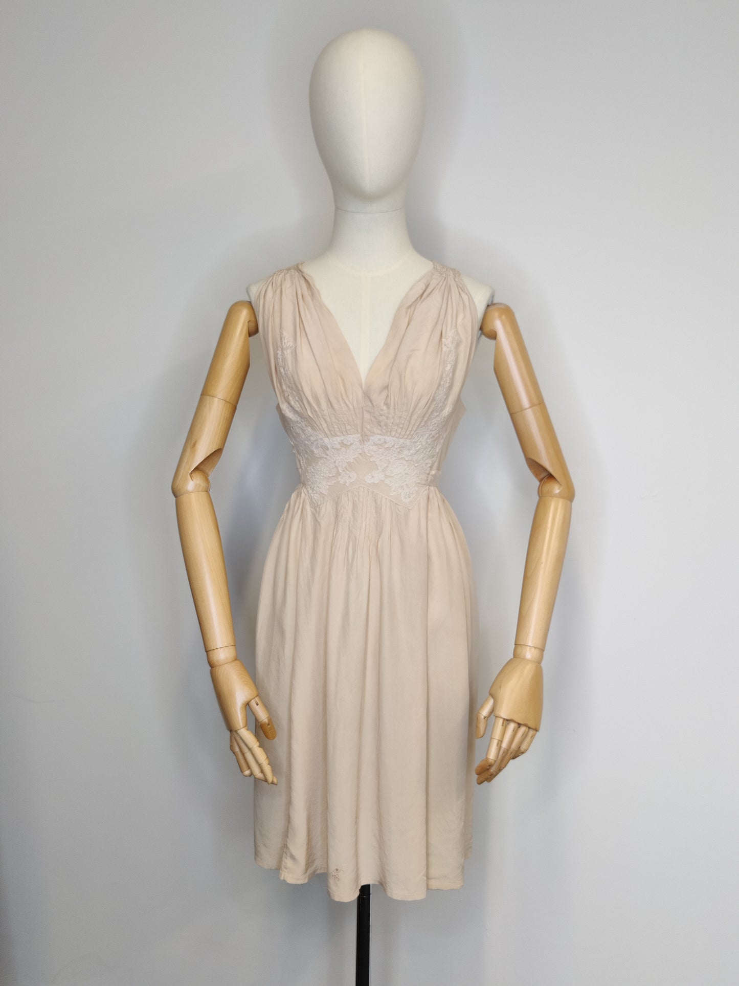1930s Ethereal Blush Cream Silk & French Lace Slip Dress with Ties