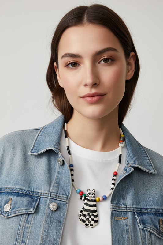 Vintage Designer Ceramic Cat Necklace