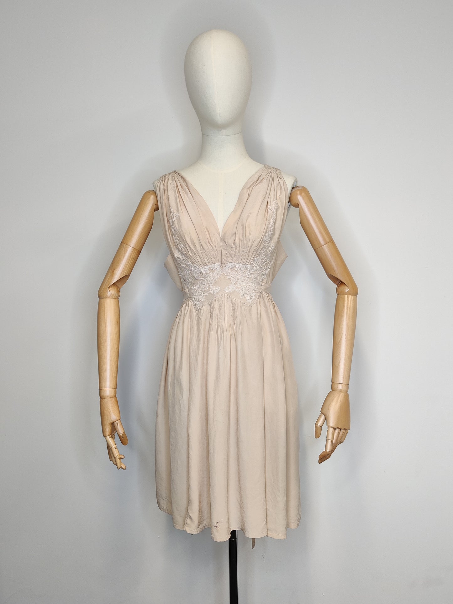 1930s Ethereal Blush Cream Silk & French Lace Slip Dress with Ties
