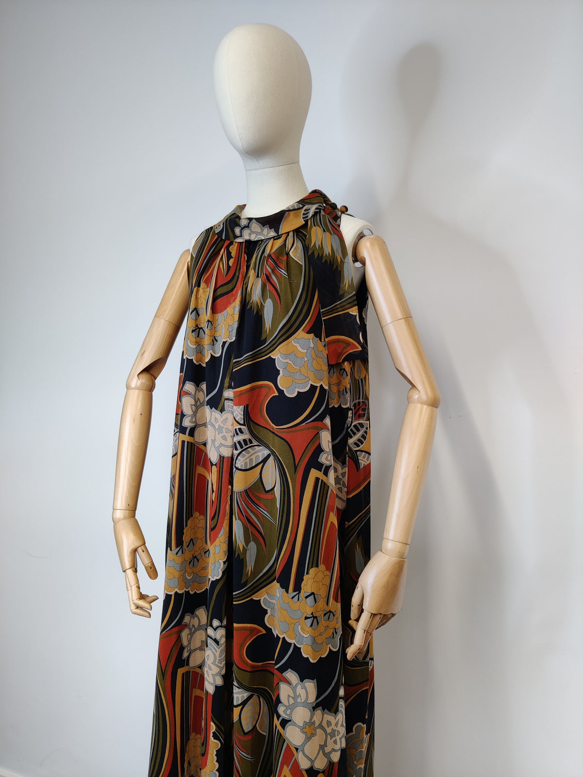 1970s Miss Jeannie  Iconic Print Trapeze Maxi Dress