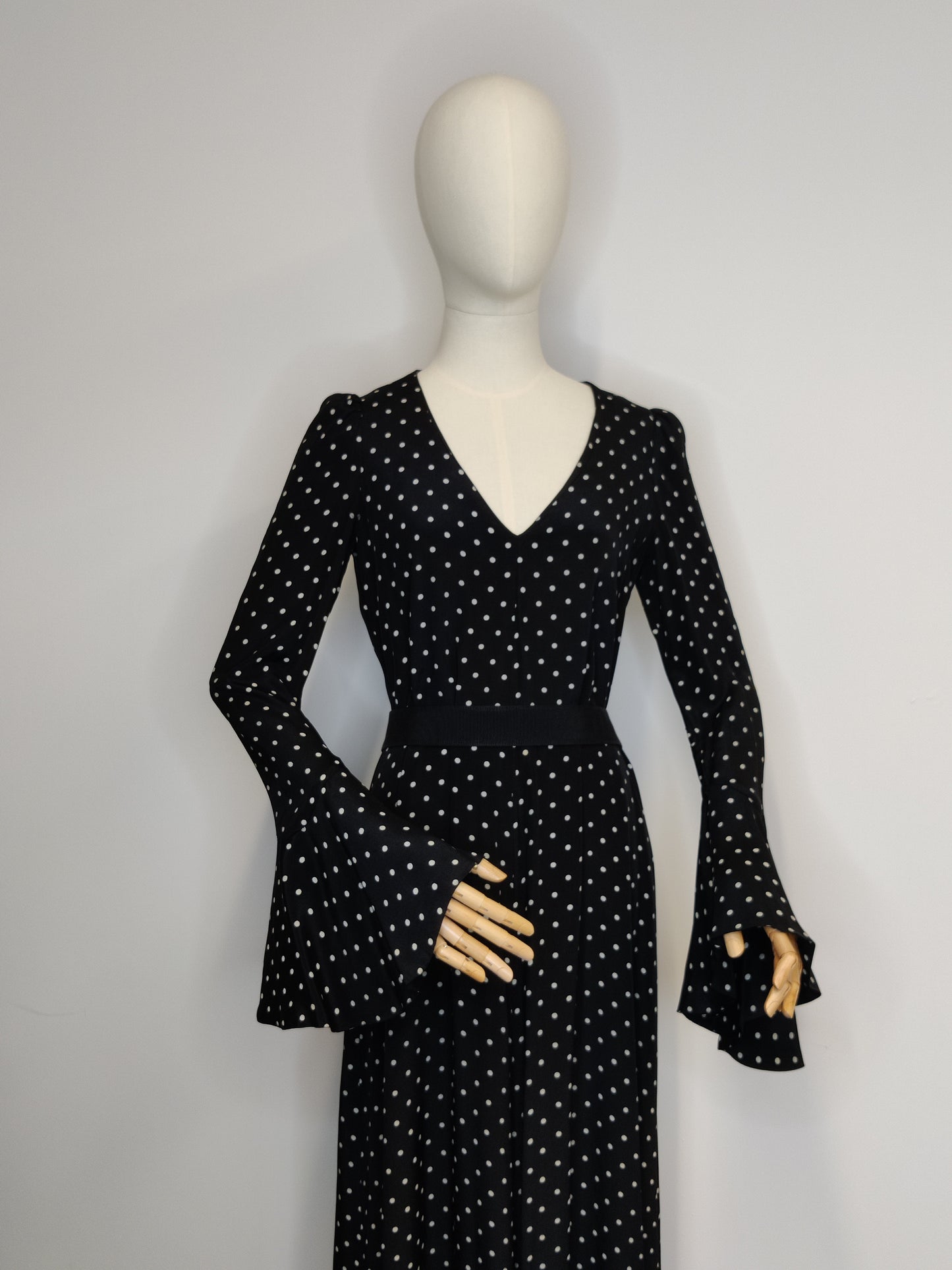 Rare Biba 1960s/70s Black Polka Dot Maxi Dress with Dramatic Bell Sleeves