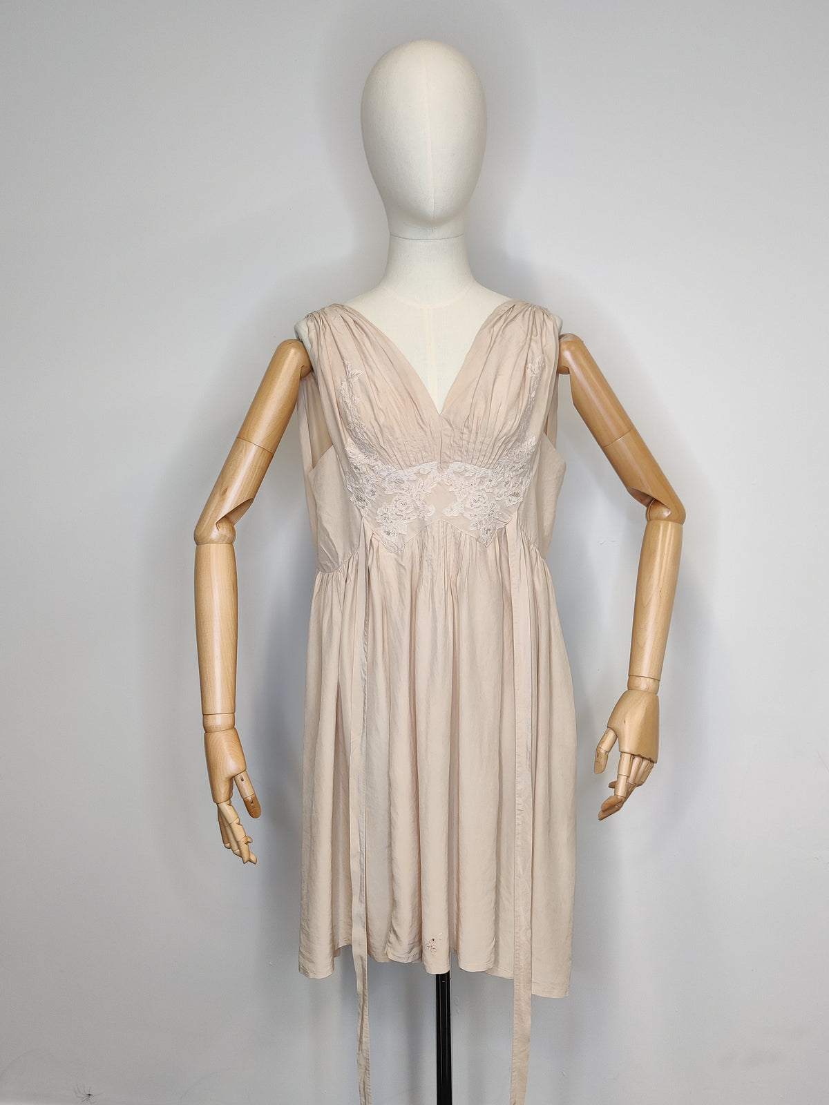 1930s Ethereal Blush Cream Silk & French Lace Slip Dress with Ties