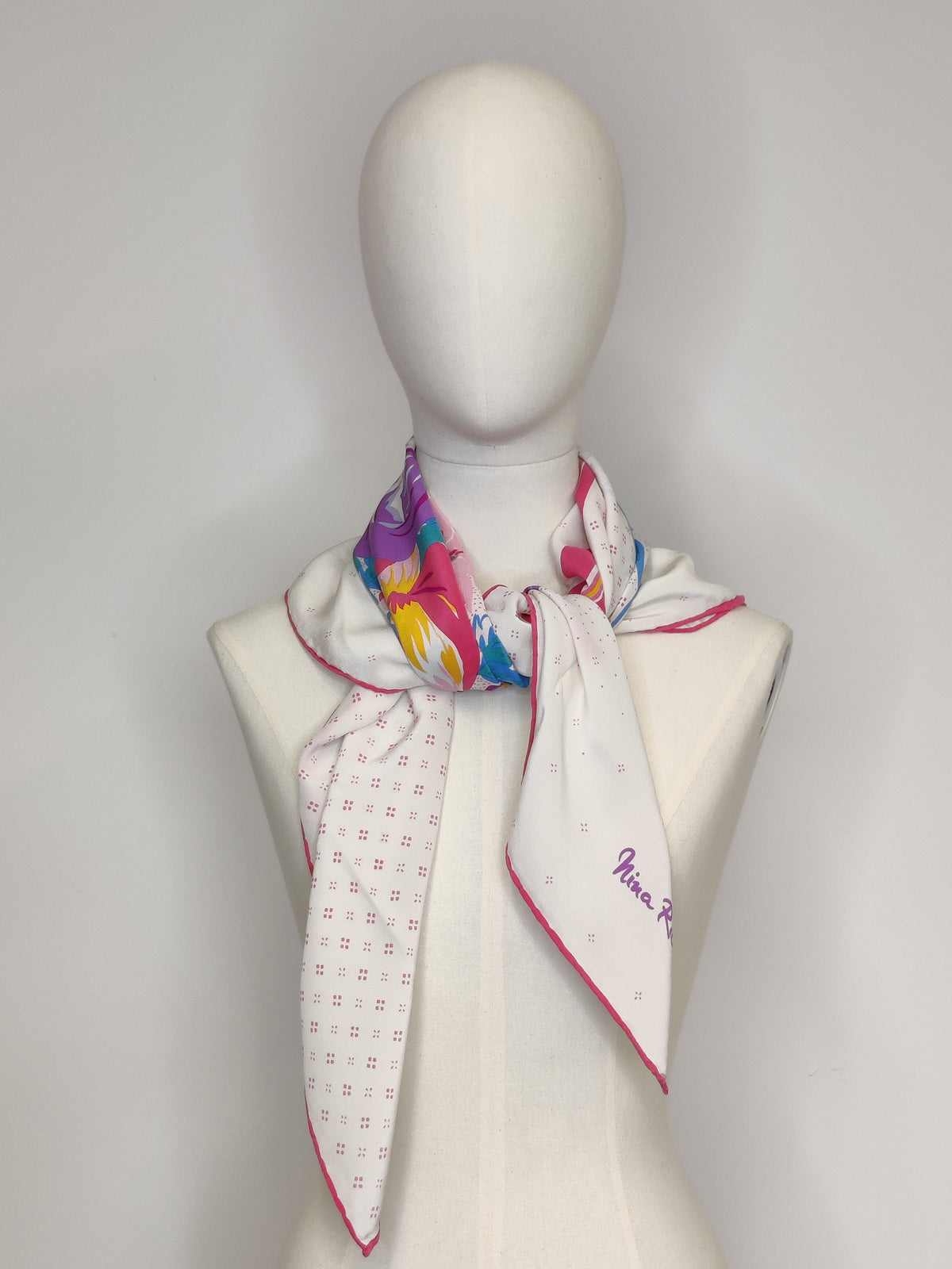 Vintage 1980s Nina Ricci Bold Floral Silk Crepe Carre Scarf