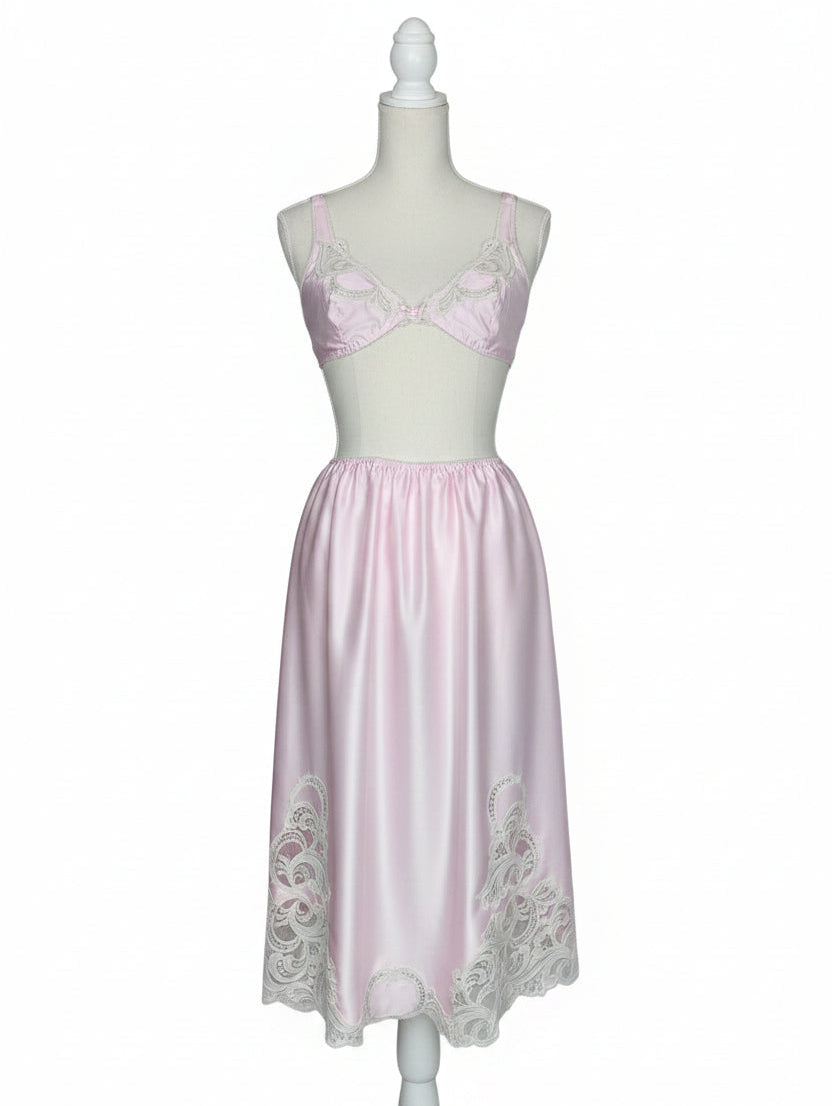 1970s Pale Pink Janet Reger Bra & Waist Slip Set