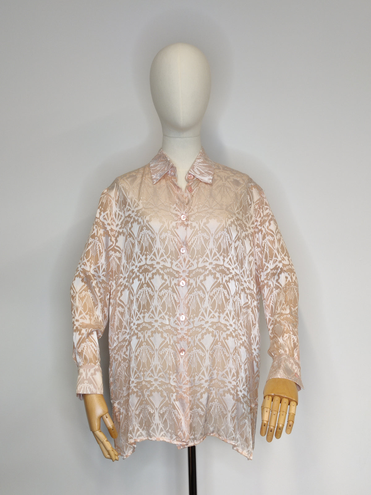 Liberty London 1990s Blush Pink/Peach Silk/Rayon Devoré 'Ianthe' Blouse