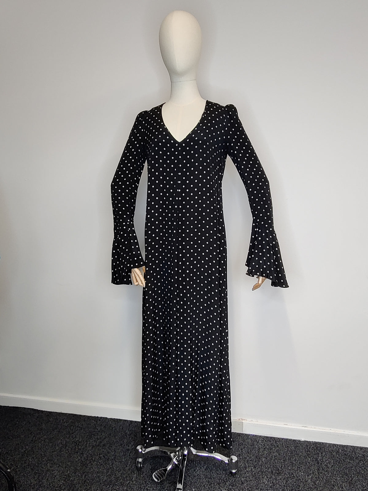 Rare Biba 1960s/70s Black Polka Dot Maxi Dress with Dramatic Bell Sleeves