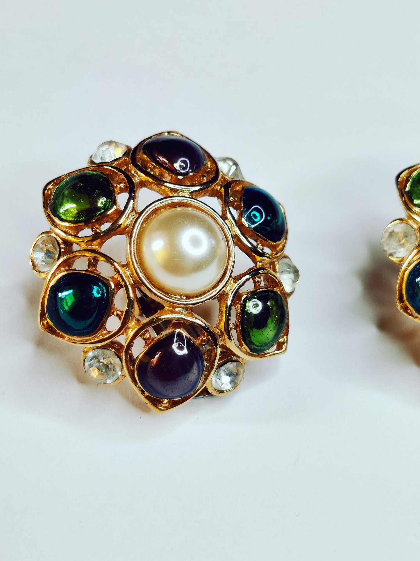 Vintage 1980s Dome Clip-On Earrings – Jewel Tone & Faux Pearl