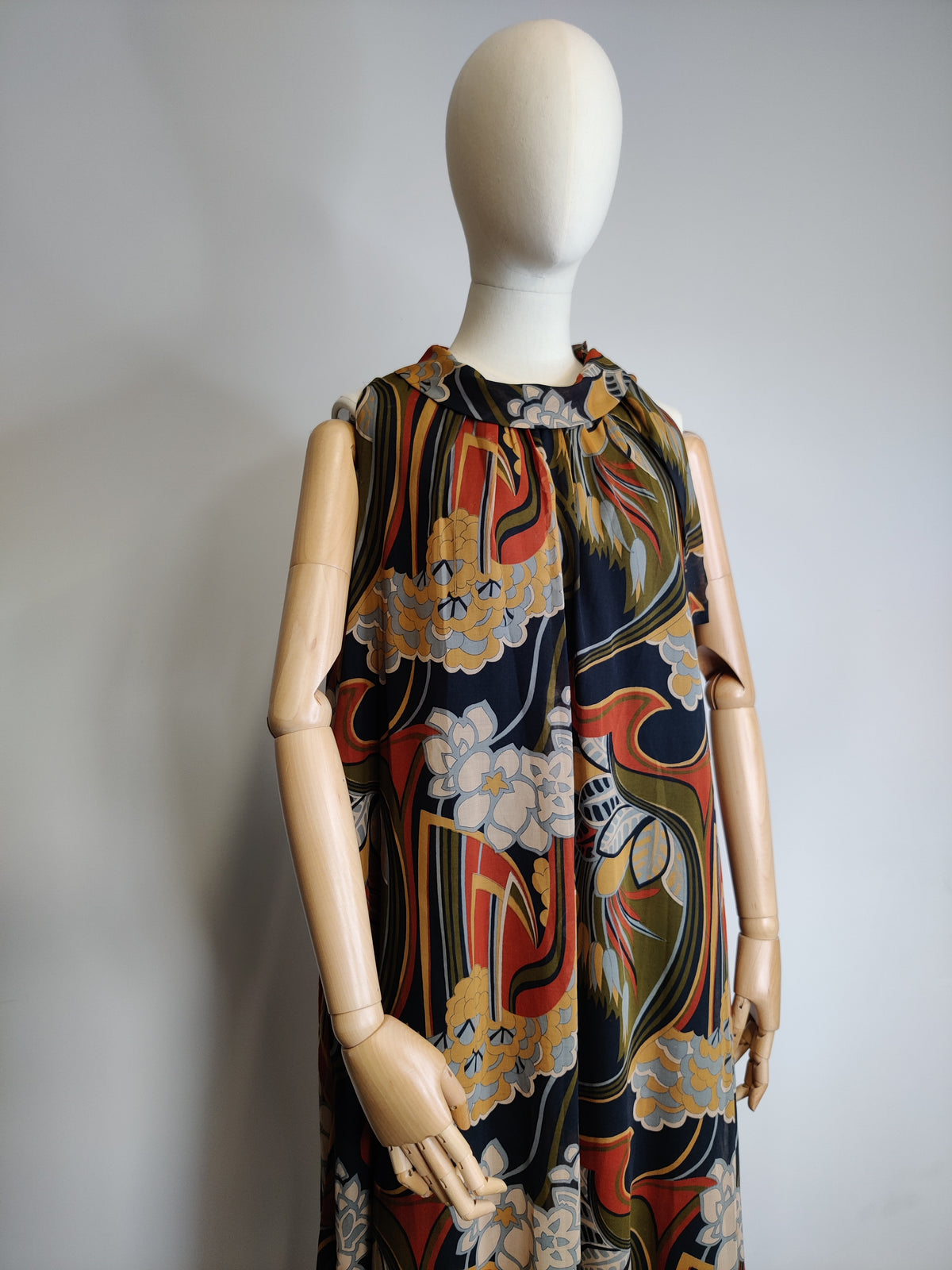 1970s Miss Jeannie  Iconic Print Trapeze Maxi Dress