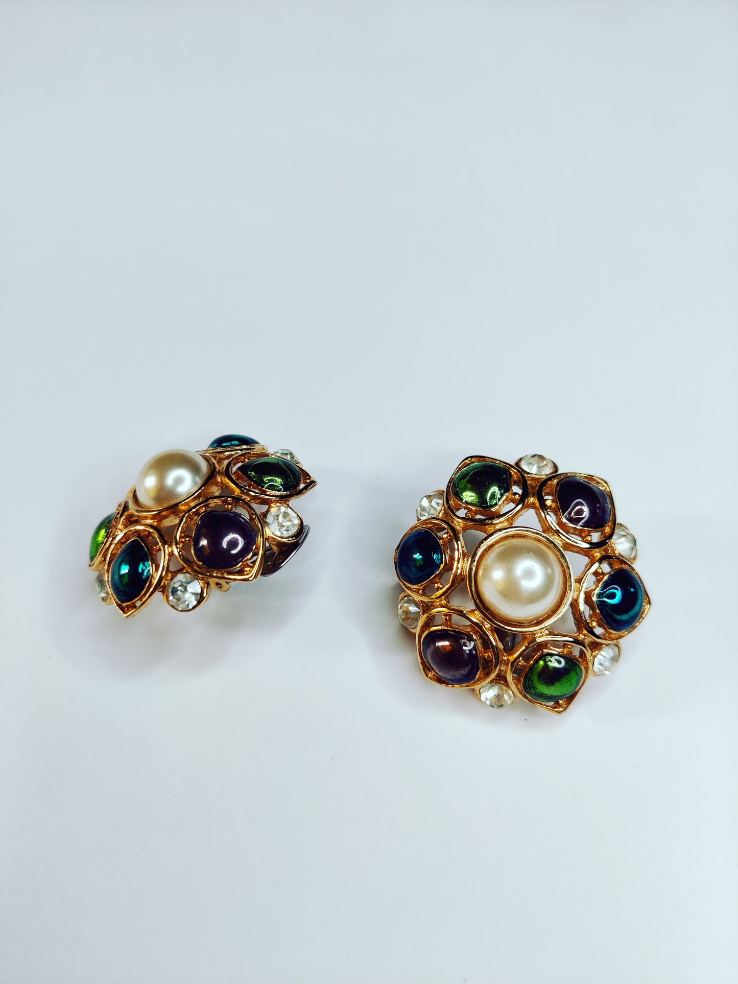 Vintage 1980s Dome Clip-On Earrings – Jewel Tone & Faux Pearl