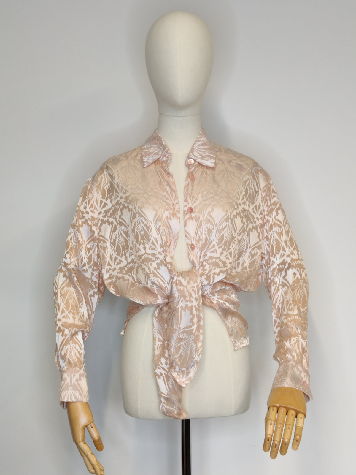 Liberty London 1990s Blush Pink/Peach Silk/Rayon Devoré 'Ianthe' Blouse