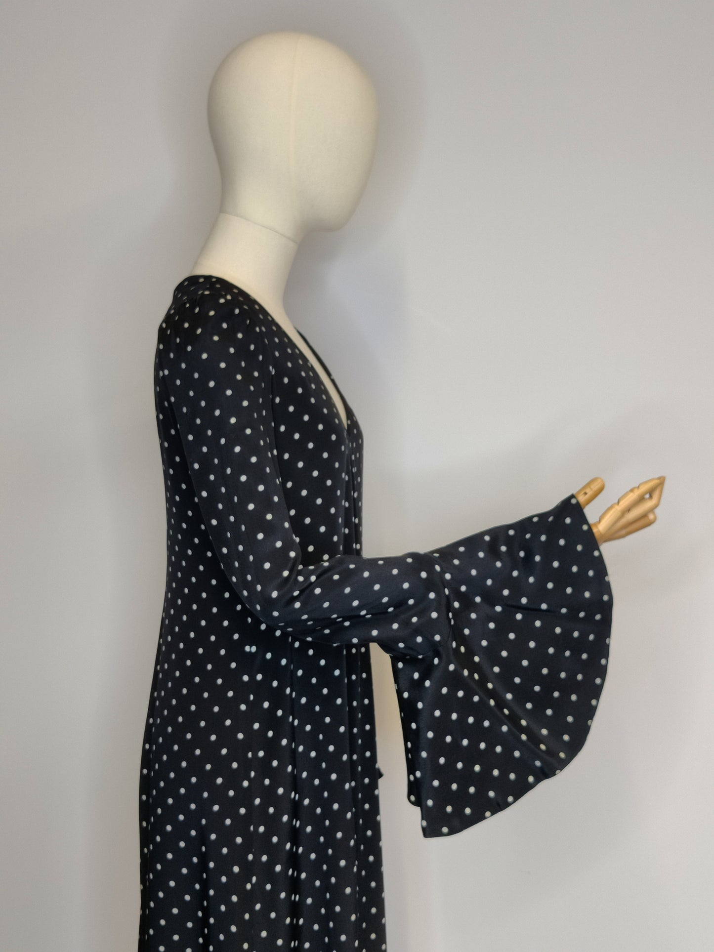 Rare Biba 1960s/70s Black Polka Dot Maxi Dress with Dramatic Bell Sleeves