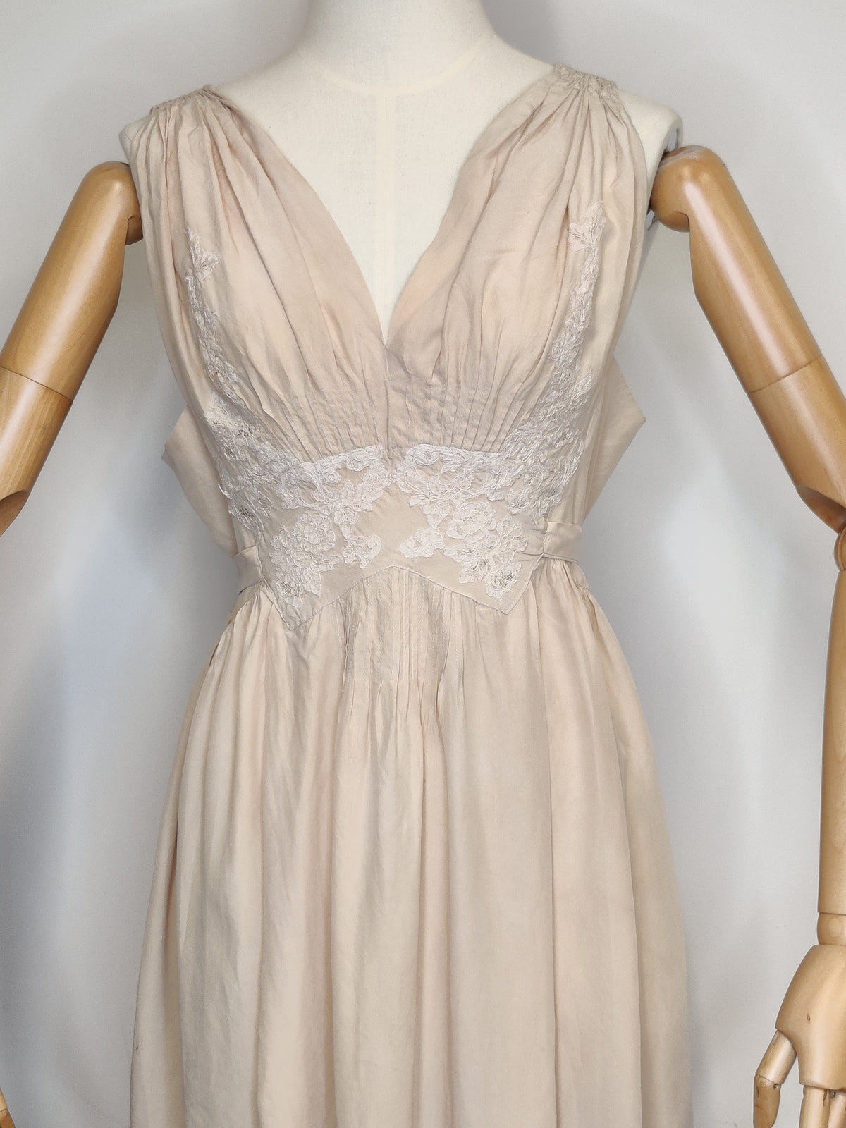 1930s Ethereal Blush Cream Silk & French Lace Slip Dress with Ties