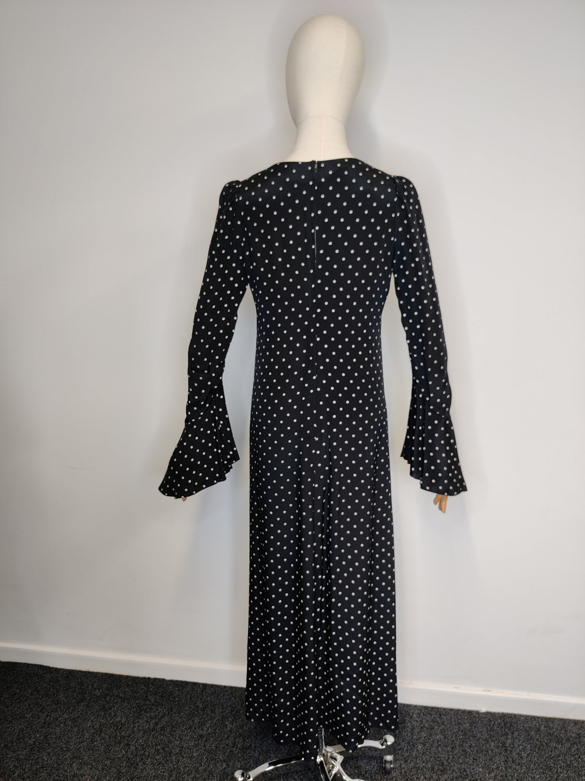 Rare Biba 1960s/70s Black Polka Dot Maxi Dress with Dramatic Bell Sleeves