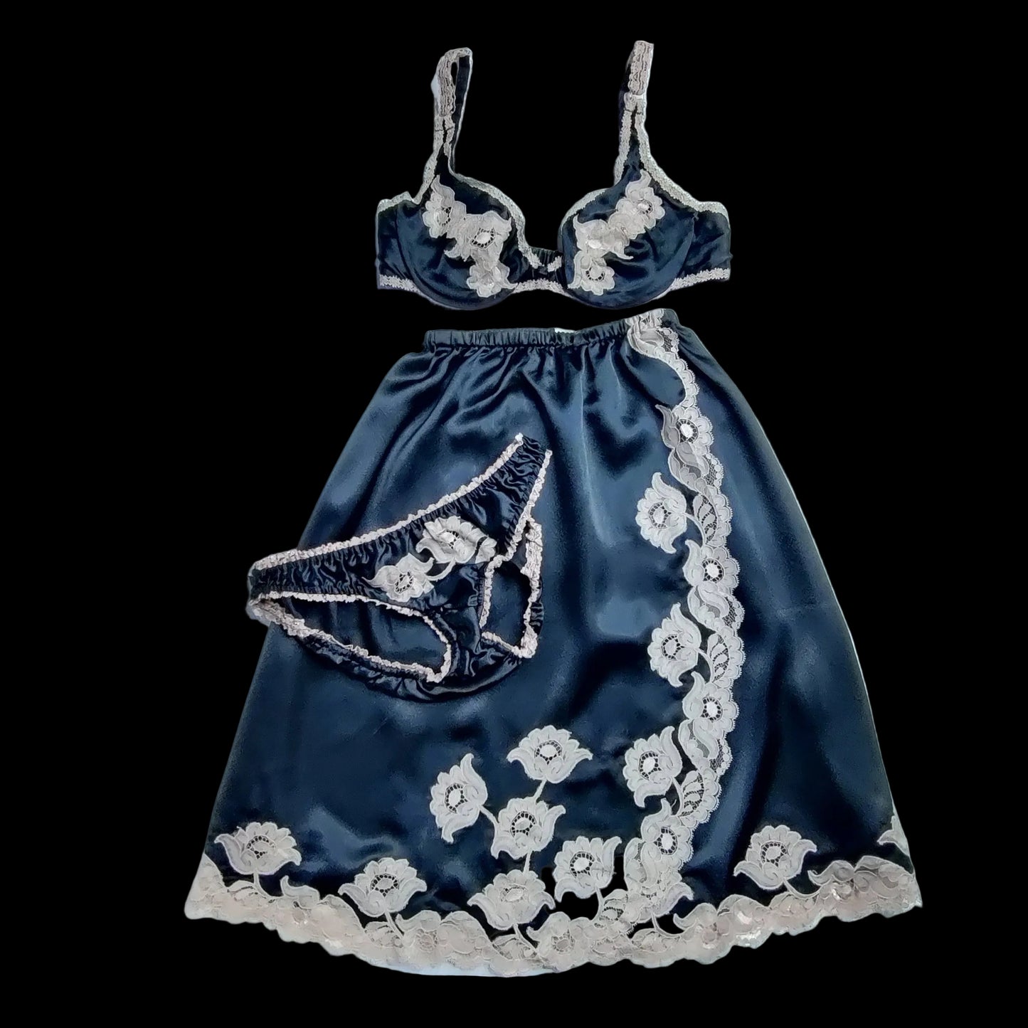 1970s Black Janet Reger Bra, Pants & Waist Slip Set