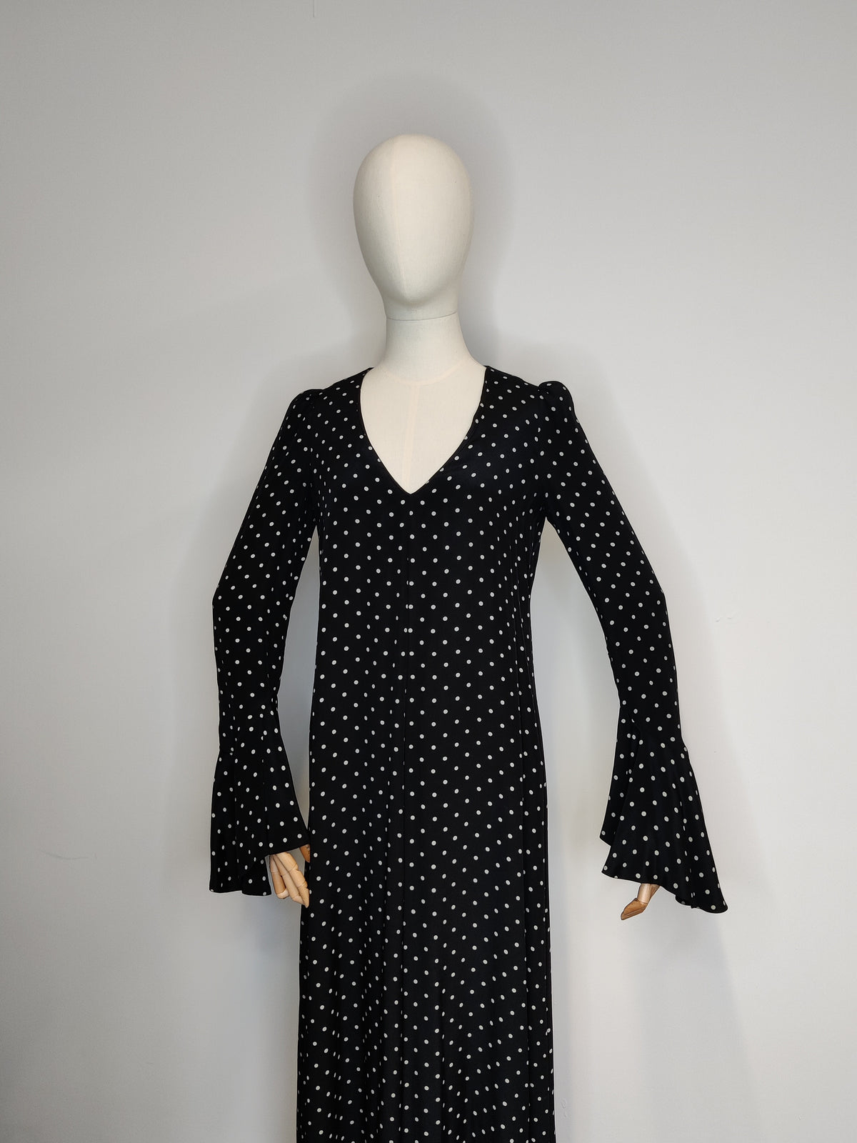 Rare Biba 1960s/70s Black Polka Dot Maxi Dress with Dramatic Bell Sleeves