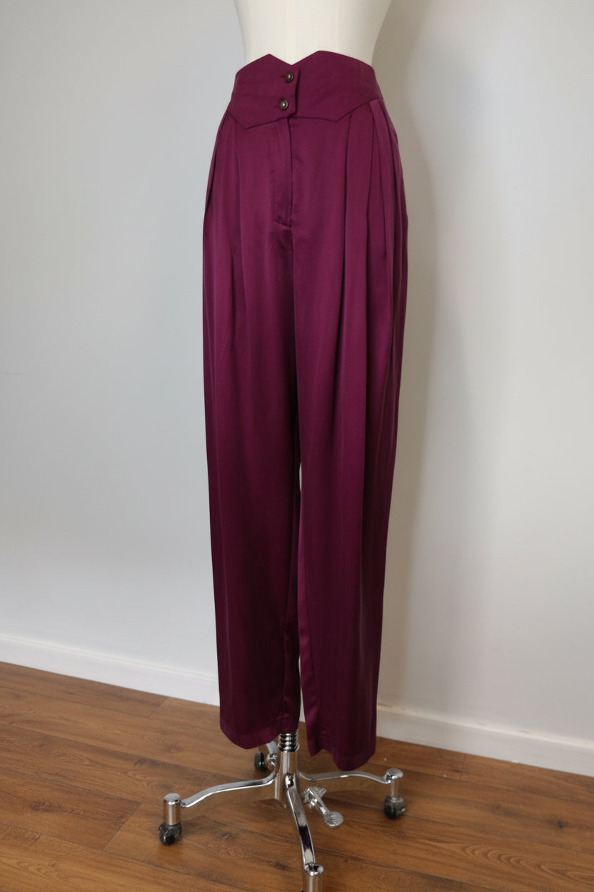 1980s Plum Purple Silk Pleated V-Yoke Waist Trousers