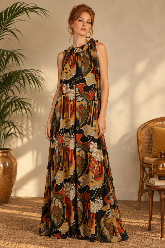 1970s Miss Jeannie  Iconic Print Trapeze Maxi Dress