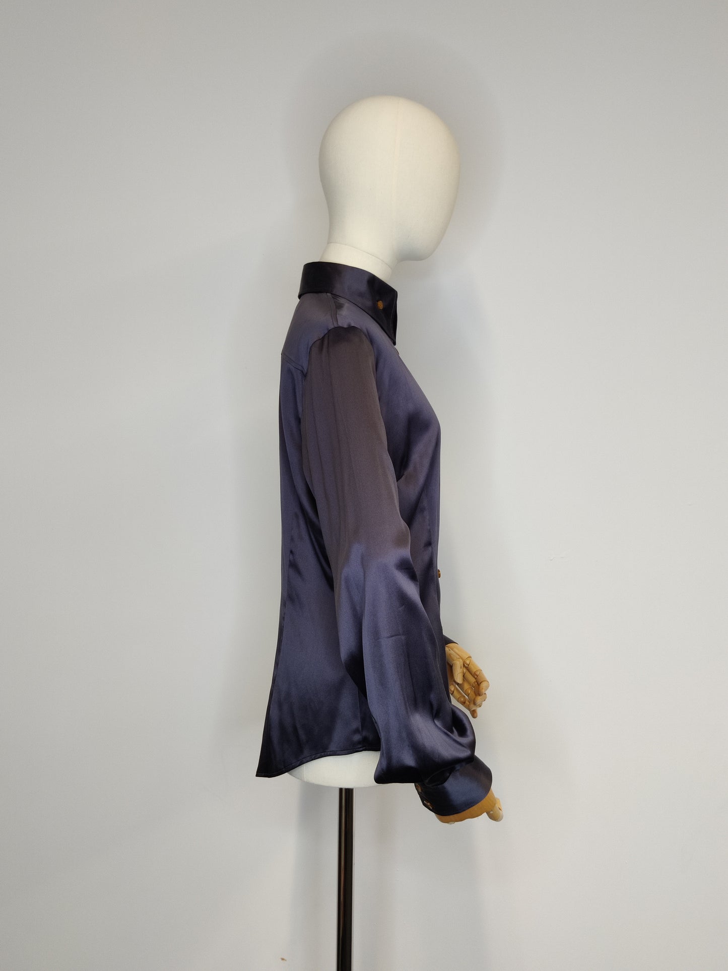 2000s Vivienne Westwood Red Label Deep Charcoal Purple Silk Krall Collar Blouse