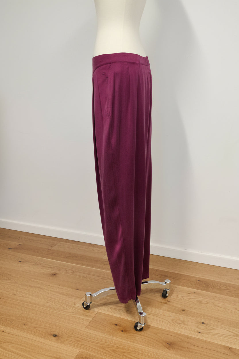1980s Plum Purple Silk Pleated V-Yoke Waist Trousers