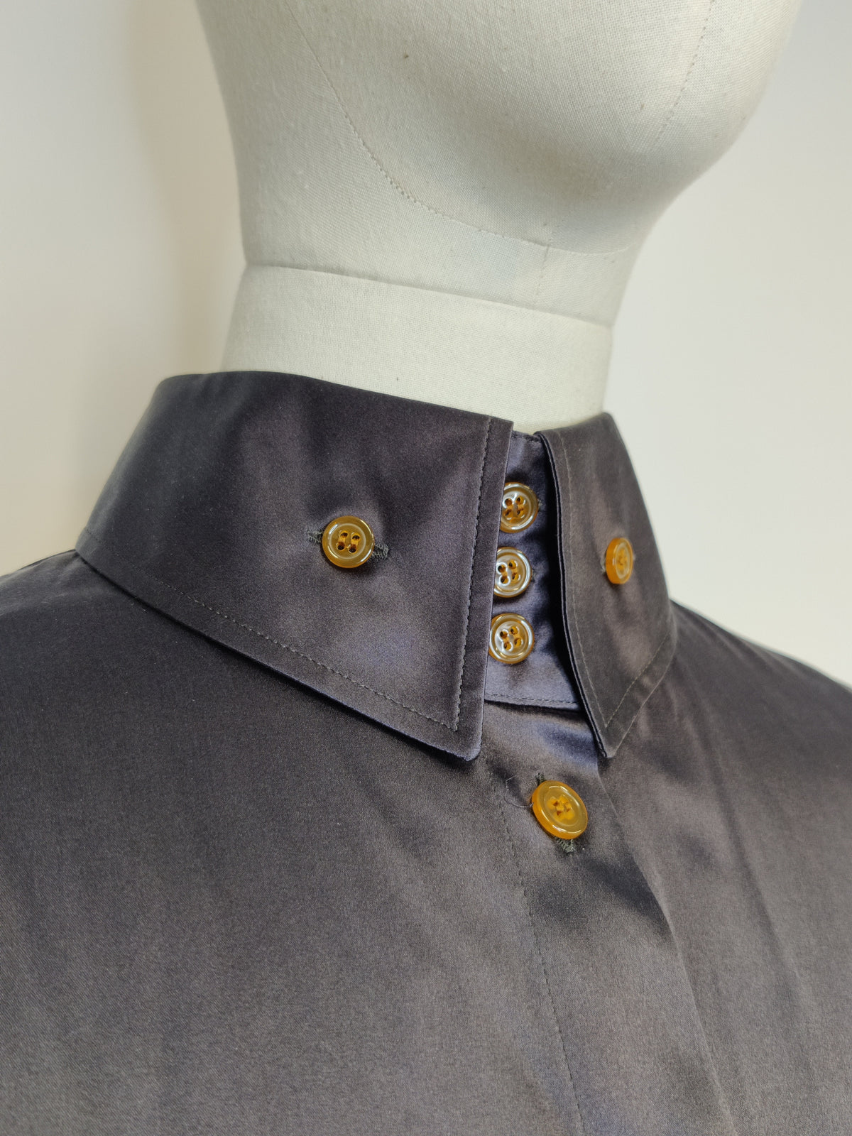 2000s Vivienne Westwood Red Label Deep Charcoal Purple Silk Krall Collar Blouse